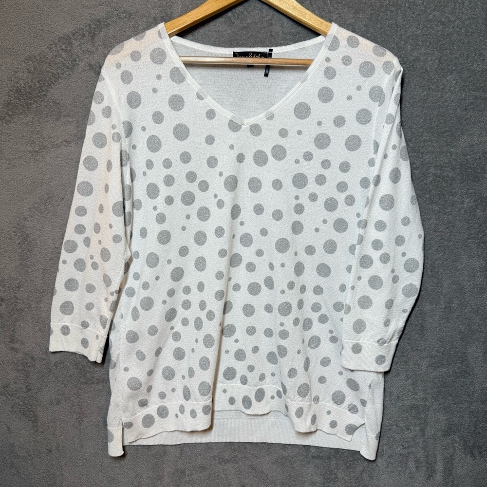 Jane & John White Knit Top Gray Polka Dot Large V Neck 3/4‎ Sleeves Viscose